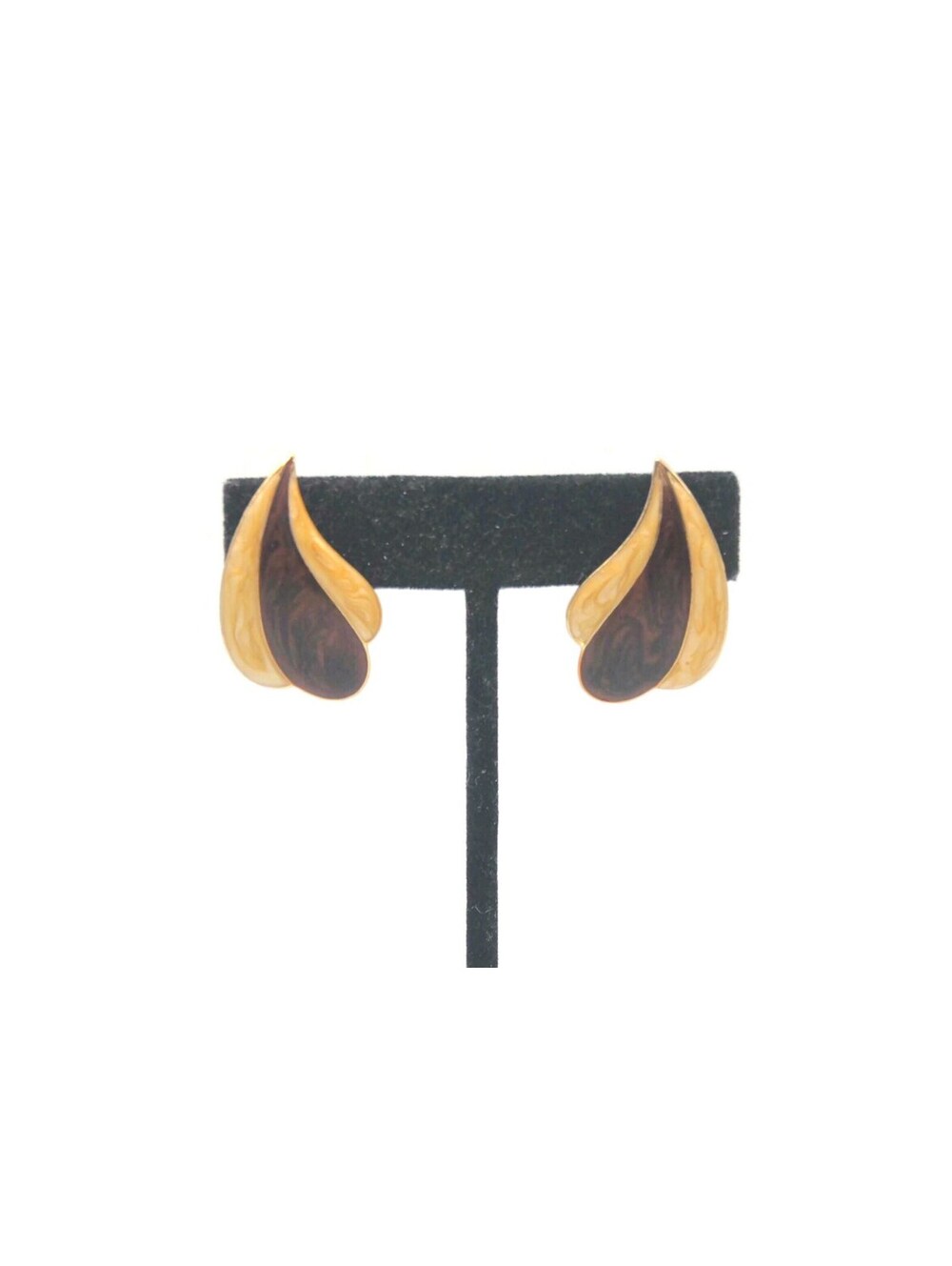 Gold Tone Clip On Earrings with Tan and Brown Enamel.